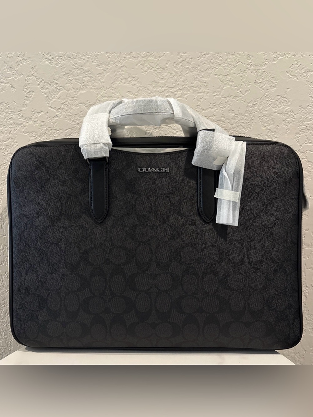 Coach Men's Charcoal Signature Coated Canvas Leather Portfolio Briefcase NWT